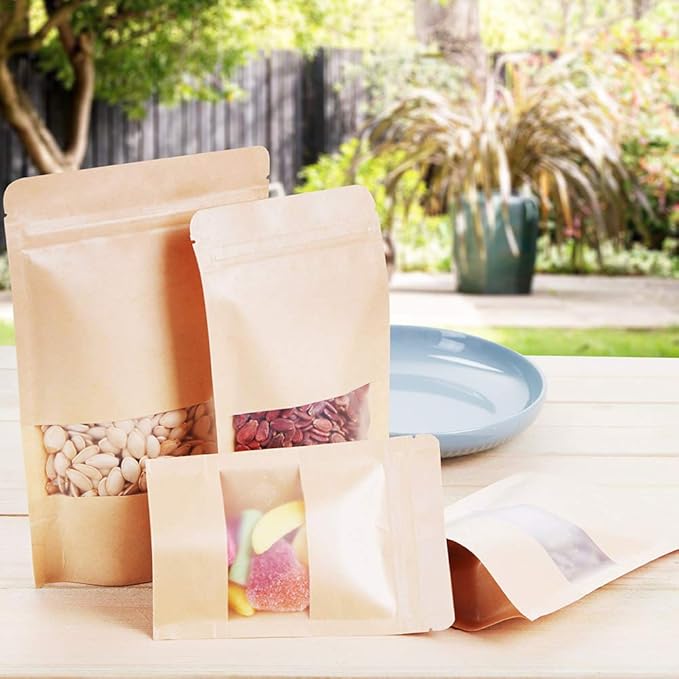 LZLPACKING Kraft Stand Up bags 100 Pcs,Brown Resealable with Window for Home or Business,Coffee,Food Storage Sealable Bags for Packaging(7.1횞10.2)