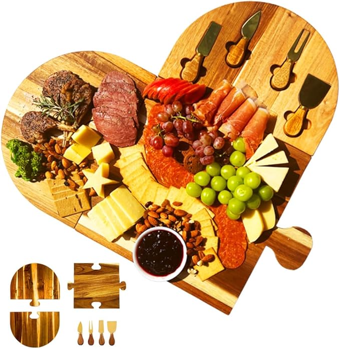 Large Charcuterie Board Set - 3 Pieces with Knife Set, Premium Acacia Wood Cheese Boards, Heart Shaped Serving Tray with Gift Box, Christmas, House Warming Gifts New Home, Wedding & Bridal Shower Gift