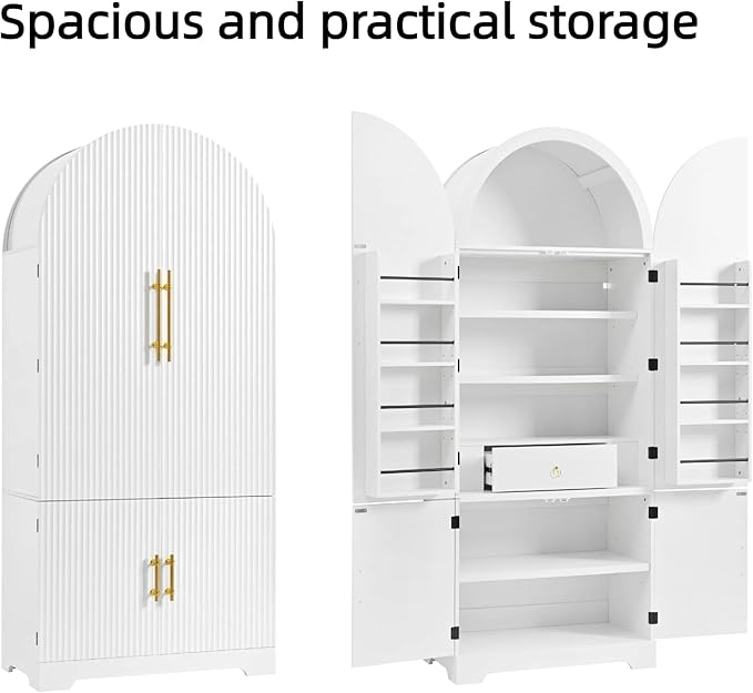 72" Tall Arched Kitchen Pantry, Modern Fluted Wood Storage Cabinet with 3 Adjustable Shelves and Hidden Drawer, Versatile Cupboard for Dining Room, Living Room, Bathroom, White