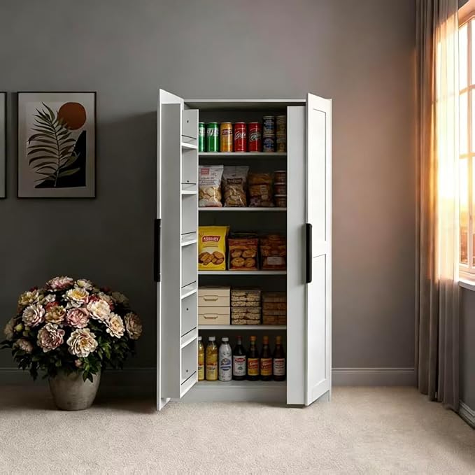 Tall Freestanding Pantry Cabinet for Kitchen, White Storage with Doors & Shelves, 31.5" Wide Organizer for Dining & Living Room