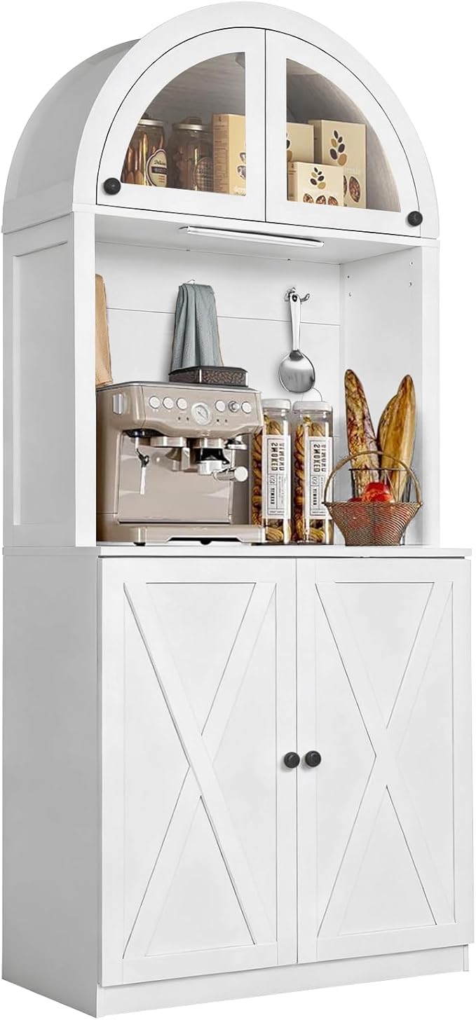 71" Tall Arched Kitchen Pantry Cabinet, Farmhouse Storage Cabinet with LED Light, Adjustable Shelves & Glass Door, Versatile Cupboard for Kitchen, Dining Room, Bathroom