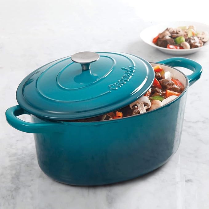 Crock-Pot Artisan 7-Quart Oval Enameled Cast Iron Dutch Oven ??Teal Ombre, Durable Cookware for Slow Cooking, Roasting, Baking with Lid