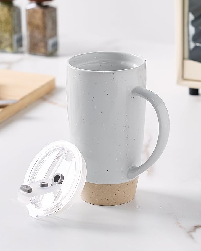 famiware Milkyway Coffee Mugs, 20oz Large Coffee Mug, Ceramic Mug Set of 2 with Lid, Cup Set with Handle for Latte, Tea, Cocoa, Milk, Home & Office, Light Gray