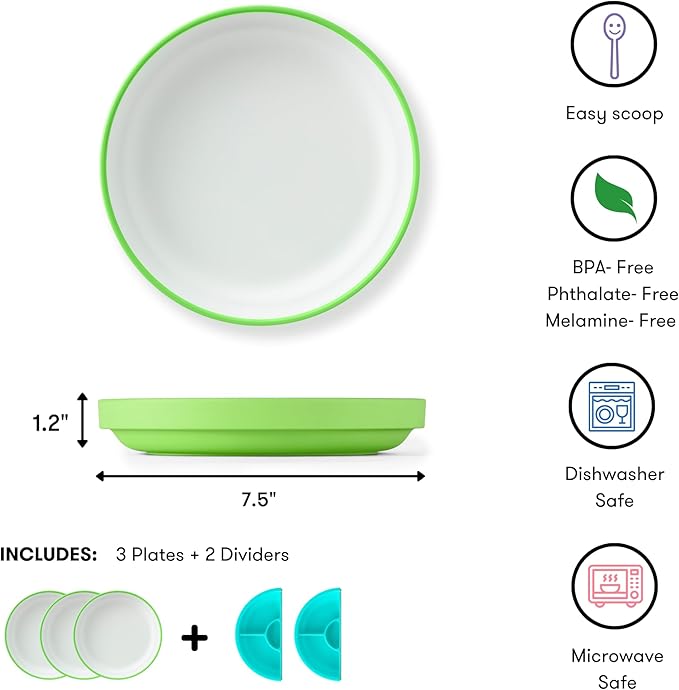 Omie짰 Easy Scoop Plates for Kids | Unique Design Helps Food Fall into the Spoon, Not on the Table | Made from Plants | 3 Plates + 2 Silicone Dividers | Green