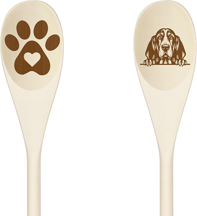 BASSET HOUND Wooden Spoons for Cooking, Serving or Decorative Kitchen Utensils Set Dog Lover Dog Mom/Dad Gift with Peeking Dog Designs, Paw Print and Dog Head, Kitchen Utensils Set of 2