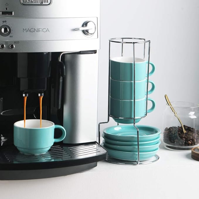 Sweejar Porcelain Cappuccino Cups with Saucers and Metal Stand, 8 Ounce Stackable Espresso Cups for Specialty Coffee Drinks, Latte, Americano, Tea - Set of 4 (Turquoise)