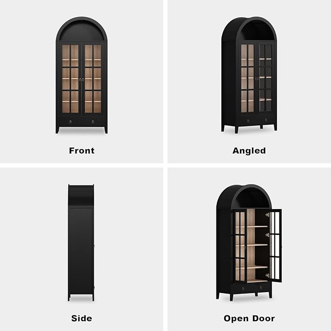 71" Tall Arched Cabinet, Modern Farmhouse Wooden Display Cabinet with Drawer and Glass Doors, 6 Tier Bookshelf w/Adjustable Shelves for Living Room, Office, Black