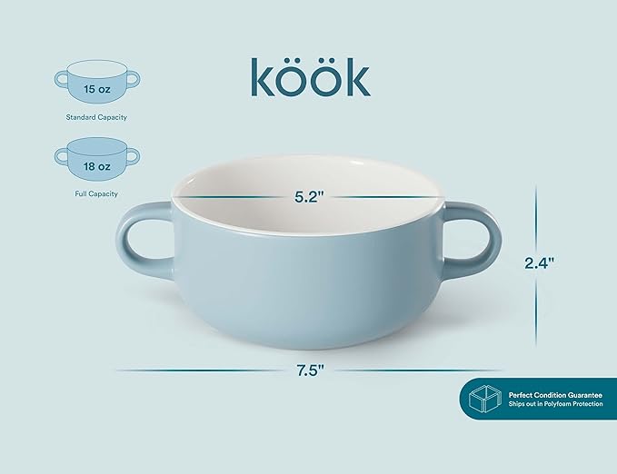 Kook Soup Crocks, Ceramic Bowls, Broil, Oven, Microwave and Dishwasher Safe, with Handles, For Casserole, Pasta, Cereal, 18 oz, Set of 4 (Pale Blue)