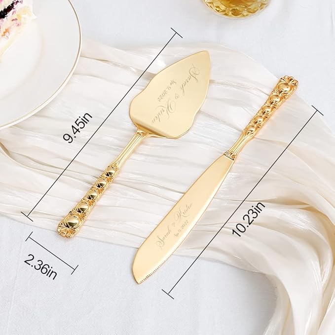 Wedding Cake Knife and Server Set, Personalized Gold Cake Cutting Set for Wedding, Engraved Classic Cake Knives Cutter Set, Pie Server, Birthday Bridal Quincea챰era Gift (CUS-Bow)
