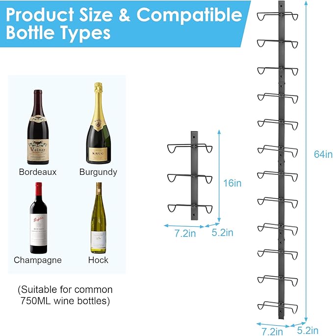Sonyabecca Wall Wine Rack for 12 Wine Bottles竊똃IY Detachable Wine Storage Organizer, Wall Mount Wine Bottle Display Holder Used As One or Four, for Kitchen,Pantry,Wine Cellar,Gift for Dad,Husband