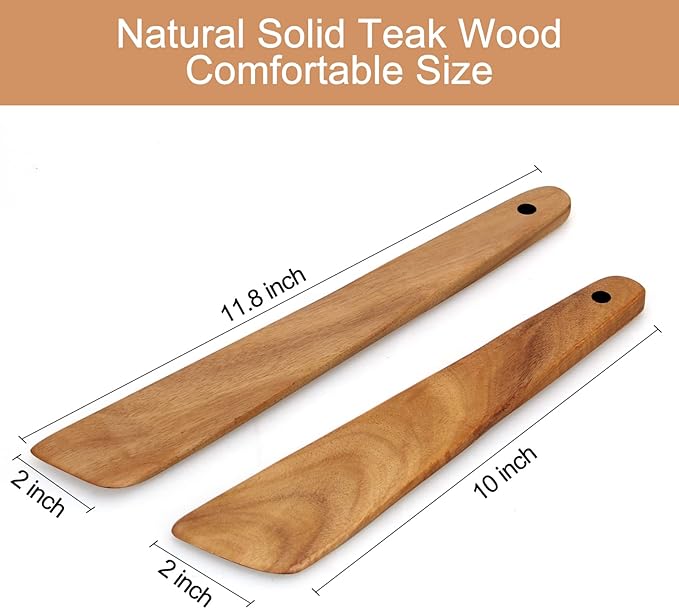 2 Pcs Teak Wooden Spatula Set Flat Spurtles Kitchen Tools Turner Small Wood Scraper Spatulas for Cooking Spoon Non Toxic Bamboo Kitchen Utensils Sourdough Stirrer Spurtle Egg Flipper Cast Iron Spatula