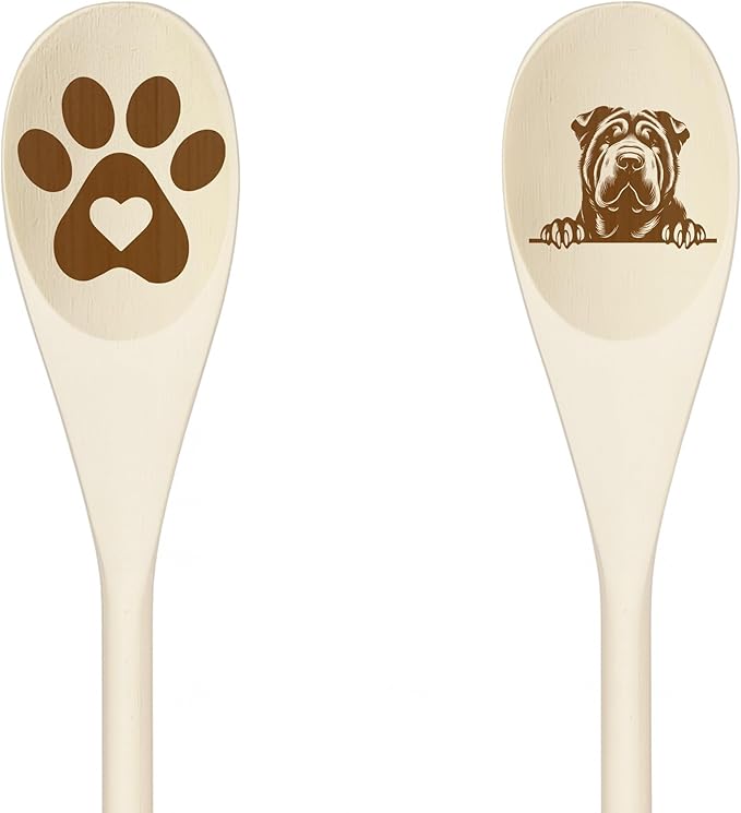 SHAR PEI Wooden Spoons for Cooking, Serving or Decorative Kitchen Utensils Set Dog Lover Dog Mom/Dad Gift with Peeking Dog Designs, Paw Print and Dog Head, Kitchen Utensils Set of 2