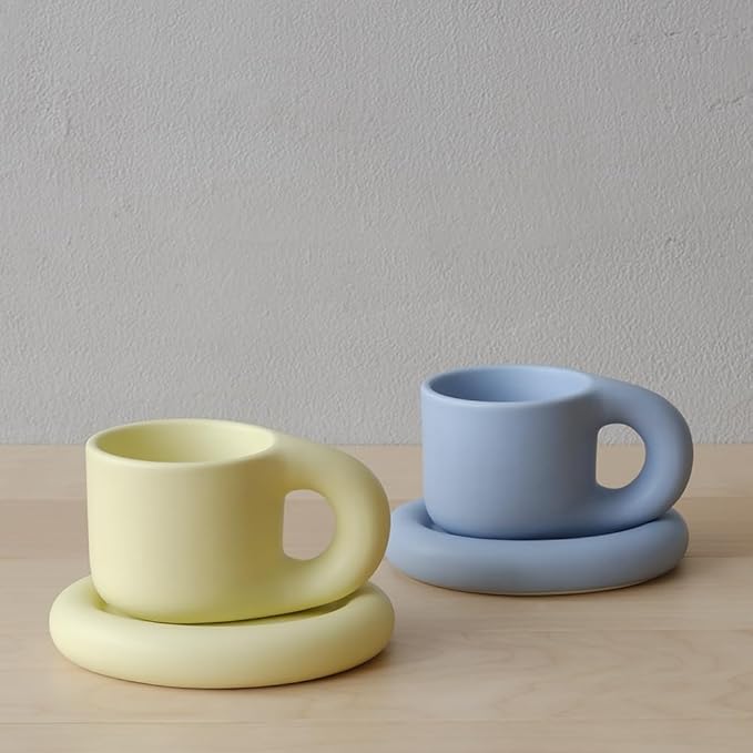 WENSHUO Chubby Funny Coffee Mug, Novelty Cute Cup and Saucer, Matte Yellow, 9 oz