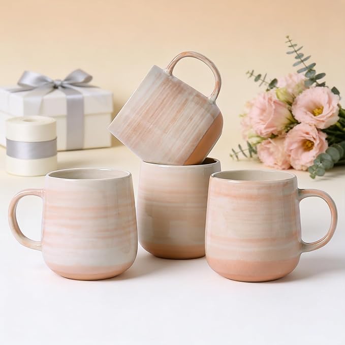 Coffee Mugs, Set of 4, Light Orange Ceramic Coffee Cups with Elegant Texture & Comfortable Handle, 12oz Stoneware Mugs - Dishwasher & Microwave Safe, Design for Home, Office, Cafe