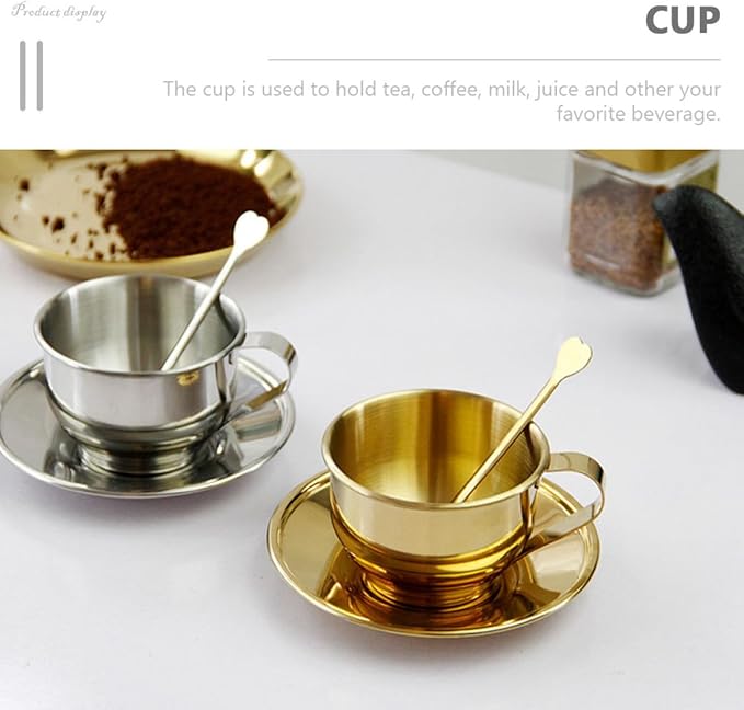 Stainless Steel Coffee Cup and Saucer Set Small Retro Metal Espresso Tea Cup with Spoon Silver Household Tea Set and Coffee Party