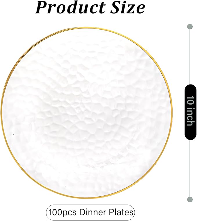 DaYammi 100 Pcs Gold Plastic Plates - 10 inch Clear Gold Dinner Plates Plastic Plates Disposable - Hammer Pattern Design - Fancy Disposable Plate - Heavy Duty Party Plate Ideal for Wedding