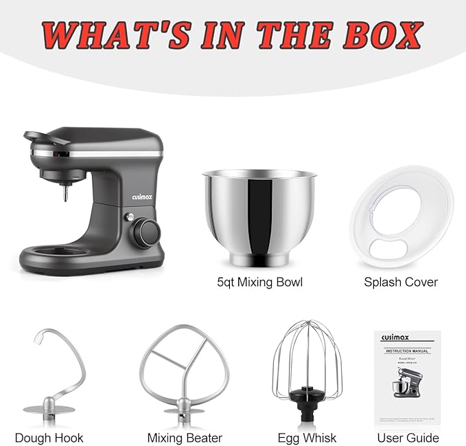 CUSIMAX Stand Mixer, Dough Mixer with Digital Switch Control Timer 15mins & 8-Speed, 5-Quart 650W kitchen Electric Mixer, Tilt-Head with handle, Dough Hook, Wire Whip & Beater, Grey