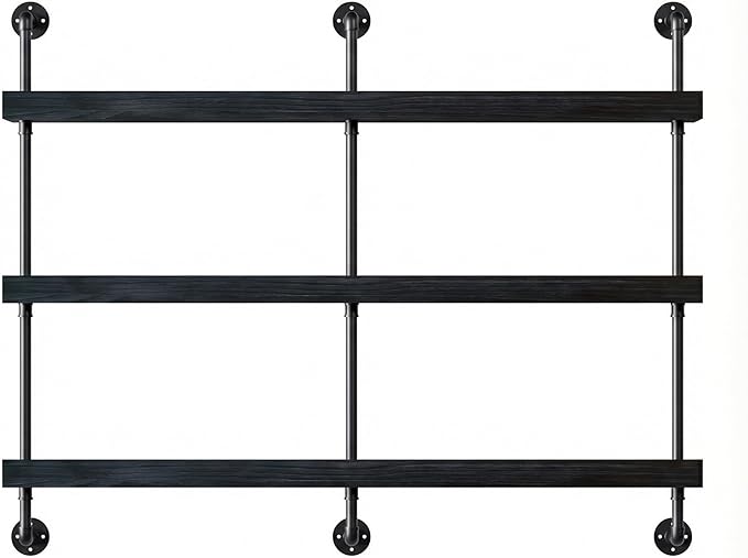 Industrial Wine Rack Wall Mounted, Solid Wood Shelf with Metal Pipe Brackets, 3-Tier Rustic Hanging Organizer for Wine Bottle Storage in Kitchen, Bar, Pub, Cellar(Black, 60 Inch)