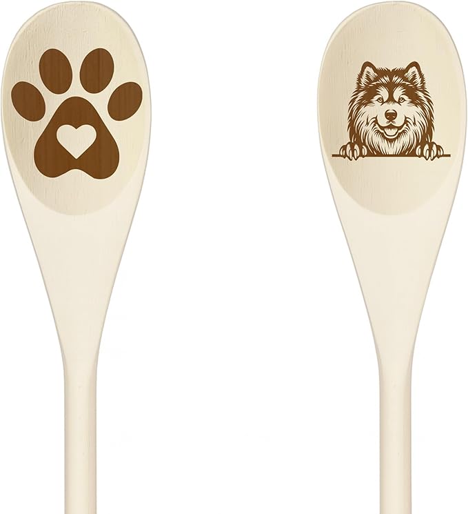 ALASKAN MALAMUTE Wooden Spoons for Cooking, Serving or Decorative Kitchen Utensils Set Dog Lover Dog Mom/Dad Gift with Peeking Dog Designs, Paw Print and Dog Head, Kitchen Utensils Set of 2