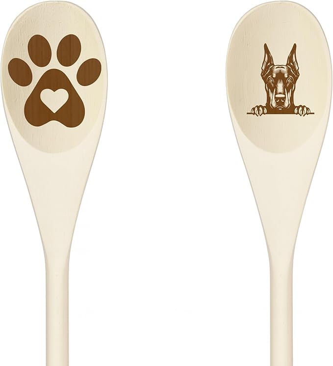 DOBERMAN Wooden Spoons for Cooking, Serving or Decorative Kitchen Utensils Set Dog Lover Dog Mom/Dad Gift with Peeking Dog Designs, Paw Print and Dog Head, Kitchen Utensils Set of 2