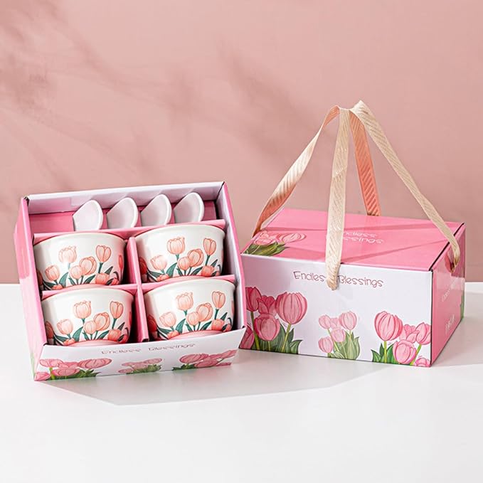 Premium Ceramic Dinnerware Set ??Floral Bowls & Plates Set, Elegant Hand-Painted Design, Microwave Safe, Ideal for Wedding/Housewarming/Corporate Gifts (Tulip, 4*bowls+spoons)