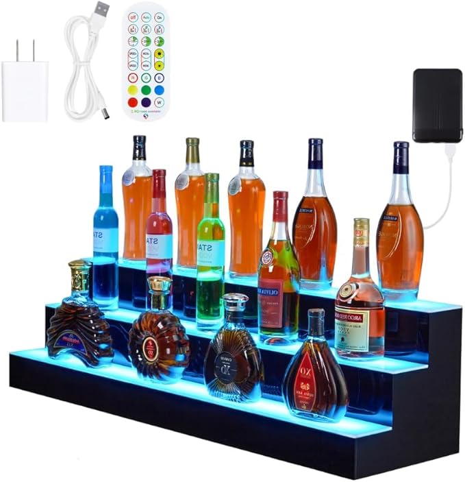 60 Inch Rectangular 3-Tier LED Lighted Liquor Shelf ??Acrylic Wine Rack with Remote/App Control, 16 Colors & 1-8H Timer, USB Powered for Home Bar & Commercial Use