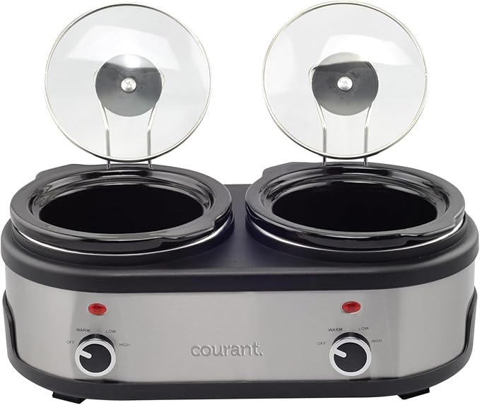 Courant 3.2-Quart Double Slow Cooker(1.6-Qt each) w/Warm Settings, Stainproof Stoneware Pots and Glass Lids ??StainlessSteel