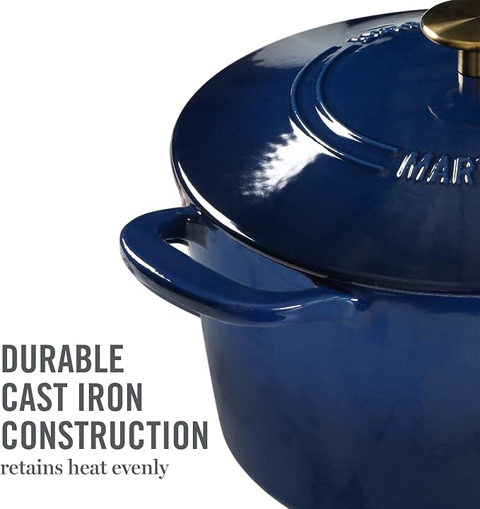 MARTHA STEWART Gatwick 7-Quart Enamel Cast Iron Dutch Oven Pot with Lid ??Navy Blue with Gold Knob ??Durable Heavy-Duty Dutch Oven for Slow Cooking & Braising