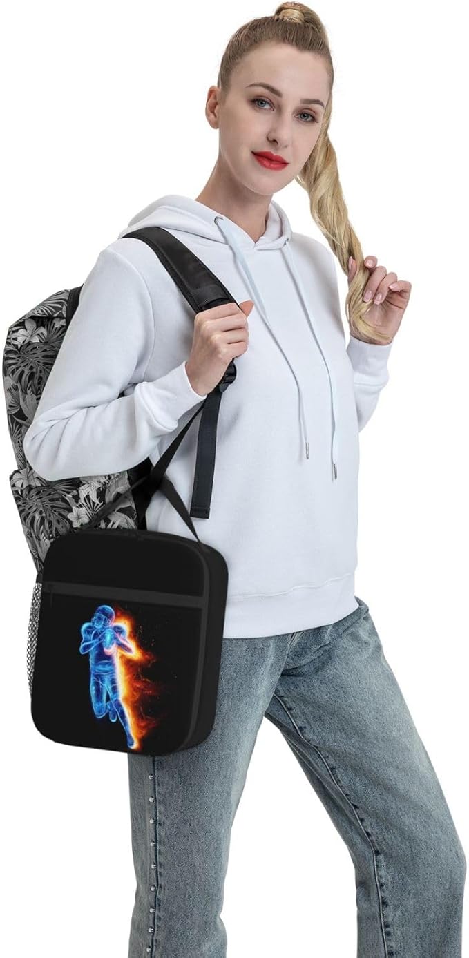 Football-themed Lunch Box Bag for Kids Teens Boys/Men, Sports LunchBoxes with Printing a Playing Blue Football Player Pattern, Reusable Tote Bag for Work School, Gifts for Birthday Christmas