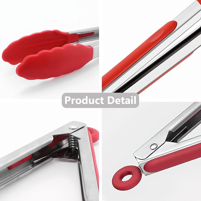 Kitchen Silicone Tongs for Cooking with Non-Slip Silicone Tips, 600째F Heat Resistant Cooking Food Tong Set Heavy Duty Stainless Steel Handle for Baking Grilling BBQ Serving, 2 Pack (9" & 12")