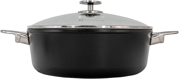 Swiss Diamond Nonstick Hybrid Ceramic and Diamond-Infused Braiser With Glass Lid, PFAS- and PFOA-free, Dishwasher & Oven Safe Up To 500 째F (5.3 Quart)