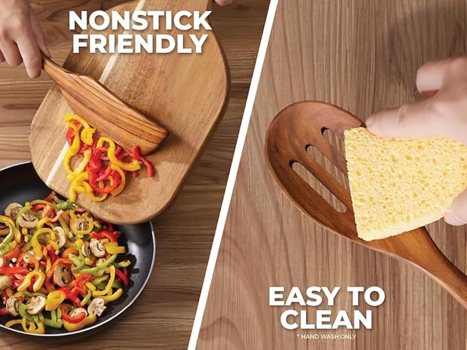 OOZi 6-Piece Acacia Wood Cooking Spatula Set ??Flip, Stir & Serve Effortlessly with Turner, Tongs, Scraper & Stainless Holder