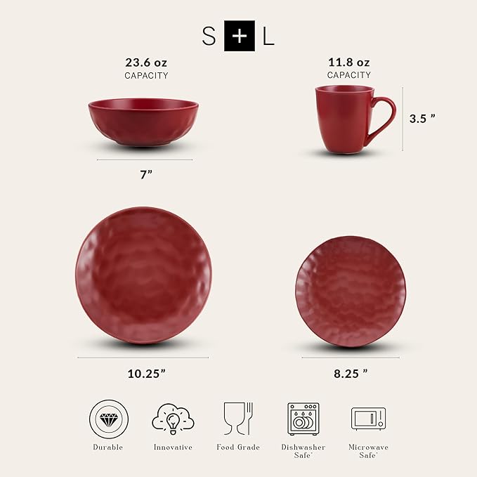 Stone Lain Sam Porcelain16 Piece Dinnerware Set, Home Kitchen Dish Set with Dinner Plates, Salad Plates, Bowls, & Mugs - Service for 4, Red