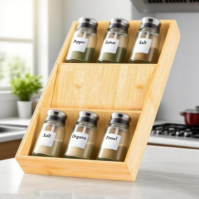 3-Tier Bamboo Spice Drawer Organizer Spice Rack Organizer for Kitchen ??Natural Bamboo Countertop & Drawer Cabinet Storage Shelf Space Saving ??Lightweight, Scratch-Resistant, Easy Assembly
