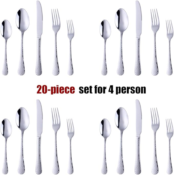 Silverware Set, 20 Piece Premium 18/8 Stainless Steel Hammered Kitchen Utensil Flatware Cutlery Sets of 4, Mirror Polish, Dishwasher Safe