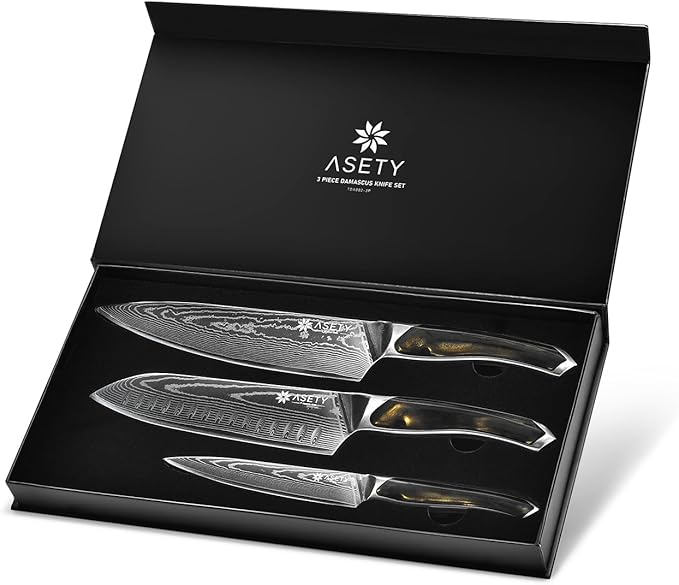 Damascus Knife Set 3 PCS: Ultra-Sharp Professional Chef Knife Set, Japanese Kitchen Knives with VG10 Steel Core, Full Tang Resin Handle, Christmas Elegant Box