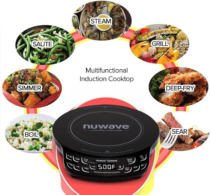 Nuwave Diamond Induction Cooktop, New & Improved Electric Burner with Probe, 91 Temps 50째F to 500째F, 6.5??Heating Coil, Shatter-Proof Ceramic Glass, 3 Wattage Settings, Ideal for Dorms, RVs & Apts