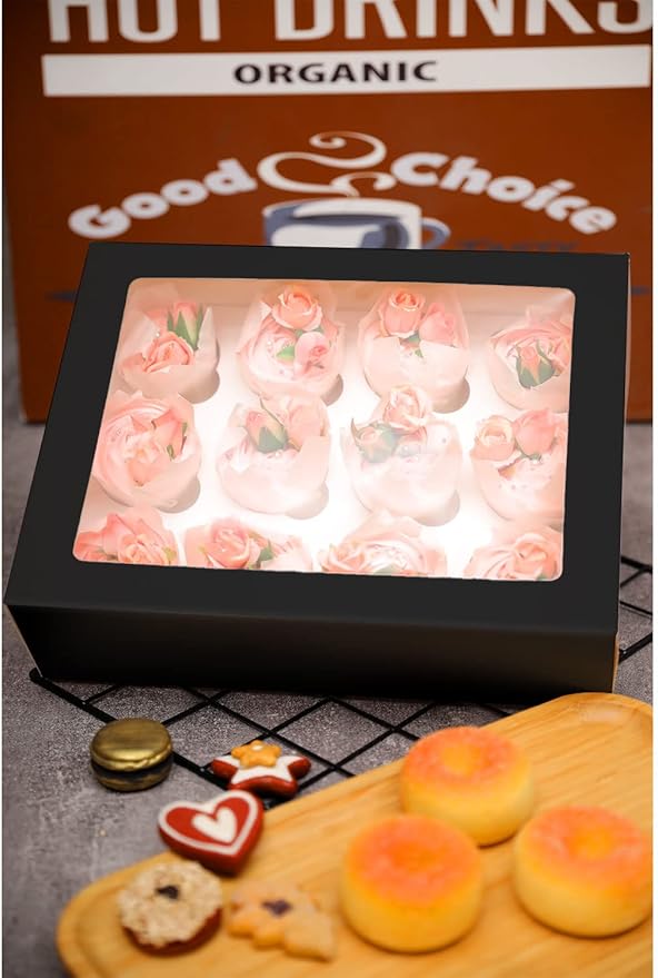 qiqee Auto-pop Up Cupcake Boxes with Window Black 40PCS 12 Count Cupcake Box 13"x10"x3.5" Cupcakes Carrier, 12 Cupcake Containers with 2 rolls of pink ribbons
