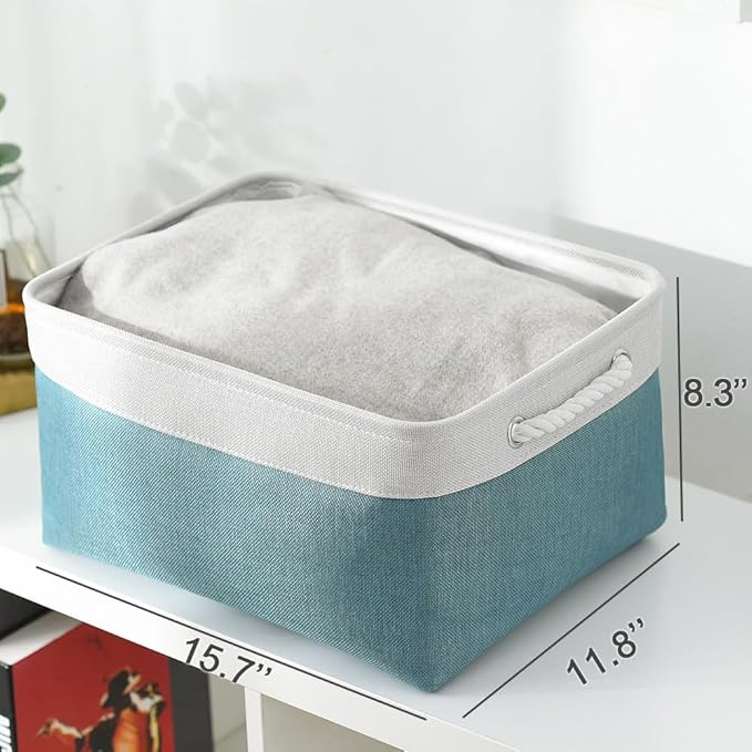 TheWarmHome Fabric Storage Bin with Handles,Storage Basket for Home Storage and Organization, Shelf Basket with Cover for Living Room Bedroom Closet竊늋hite & Green Large,15.7L*11.8W*8.3H
