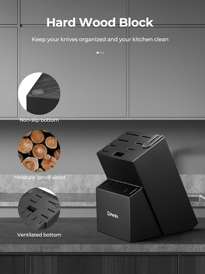 Knife Set, 16 PCS D.Perlla Kitchen Knife Set with Block and Sharpener, High Grade Stainless Steel Knife Set, Ultra Sharp & Rust Resistant Knives, Black