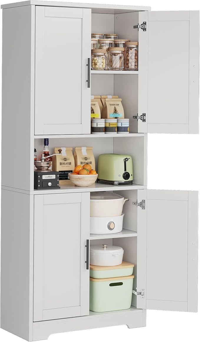 70" Tall White Pantry Cabinet with Doors, Freestanding Storage Cabinet with Adjustable Shelves for Kitchen, Dining Room, Bathroom, Living Room,White