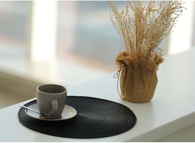 FunWheat Round Braided Placemats Set of 8 Place Mats for Dining Tables Woven Washable Non-Slip Table mats Small 13 inch(S Black, 8pcs)