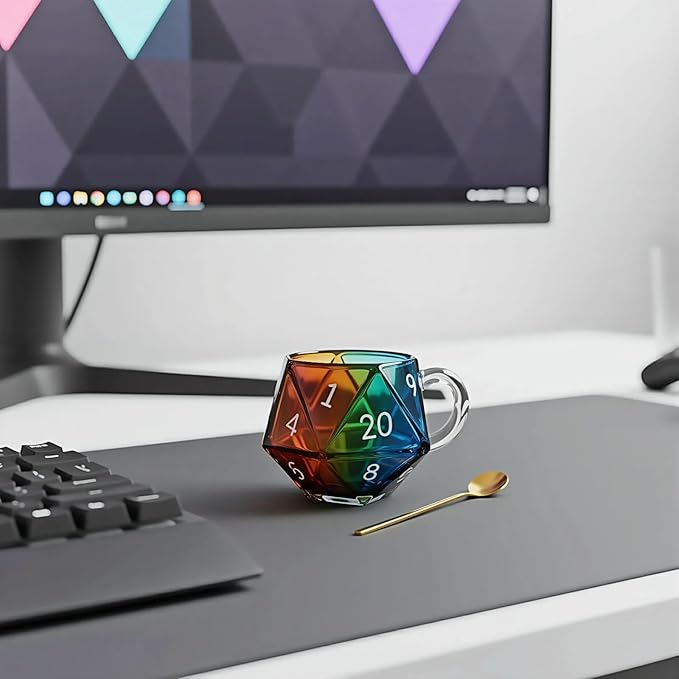 Dlin Rainbow D20 Dice Glass Coffee Mug - Heat-Resistant Transparent with Ergonomic Handle, Leak-Proof & Multi-Functional Gaming Mug for RPG/Board Game Lovers, Perfect Fantasy Themed Gift (Rainbow-1PC)