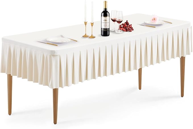 Wish Care Ivory Spandex Table Clothes for 8 Foot Rectangle Tables Wrinkle Free Ruffle Tablecloths Pleated Desk Skirt 8ft Stretch Fitted Table Covers for Wedding Birthday Baby Shower Party Banquet