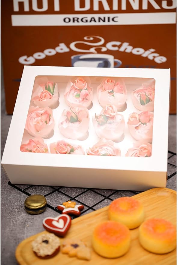 qiqee Auto-pop Up Cupcake Boxes with Window White 40PCS 12 Count Cupcake Box 13"x10"x3.5" Cupcakes Carrier, 12 Cupcake Containers with 2 rolls of pink ribbons