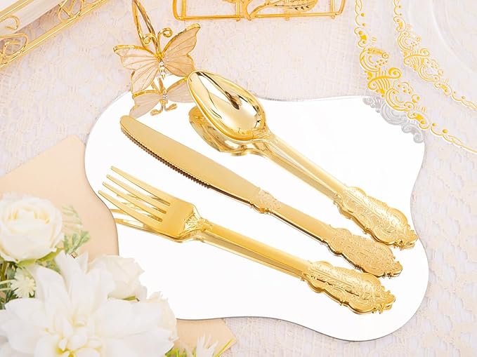 Hioasis 350pcs Black and Gold Plates - Black Party Plates for 50 Guest, Include 100 Heavy-duty Plates(20% Thicker Than Standard), 50 Pre Rolled Gold Plastic Silverware Set, 50 Cups