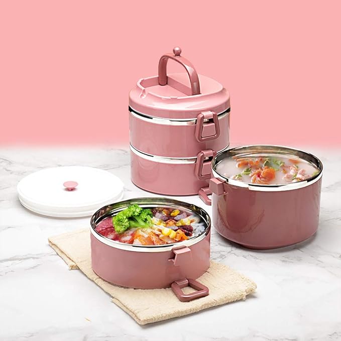 SANQIAHOME 4 Tier Stackable Stainless Steel Lunch Box Sealed(pink, 4 layers) with spoon and fork