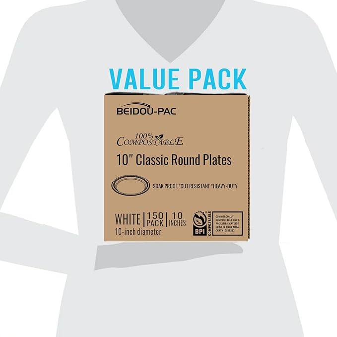 Compostable Heavy Duty Disposable Paper Plates, 150 Count | 10 Inch Round | Natural Bagasse, White Biodegradable Eco-Friendly Sugarcane BBQ, Party, Gathering, Picnic Sugarcane Tray