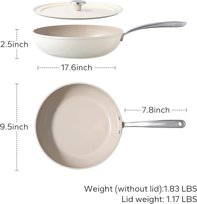 Redchef Ceramic Frying Pans Non Stick 9.5", 2.4QT Deep Saute Pan with Lid, Large Jumbo Cooker with Stay Cool Handle, Non Toxic Cooking Ceramic Pan, Induction Dishwasher Safe, PFOA & PFAS Free(Blue)