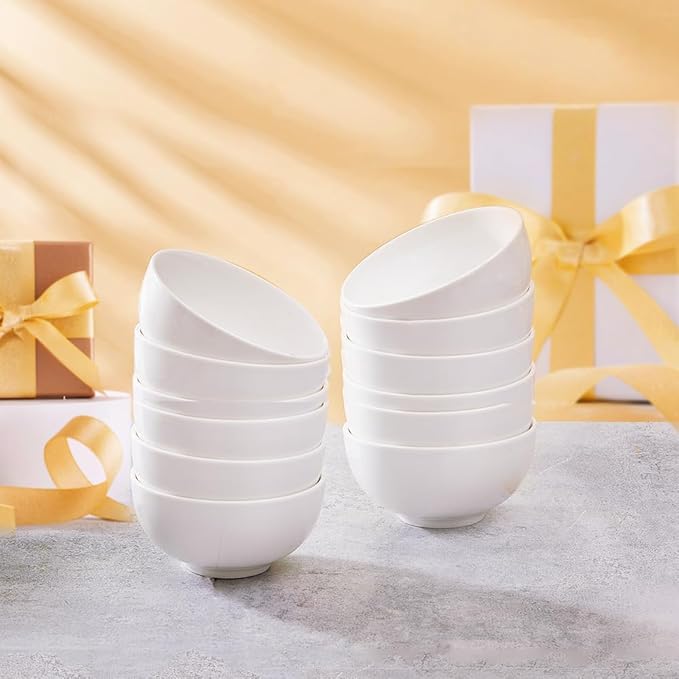 AntoKueh White 4.5in Small Ceramic Bowls 12 OZ, Cereal Bowls Set of 12 for Dessert, Rice, Family dressfamily gatherings, hosting dinner parties, bone china